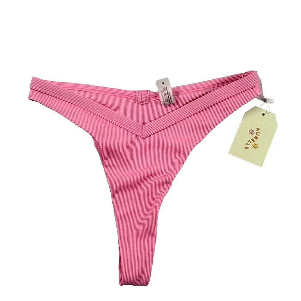 New Aurelle Ribbed Bikini Bottom‎ Size M Pink High Cut V Waist Cheeky Swim Beach